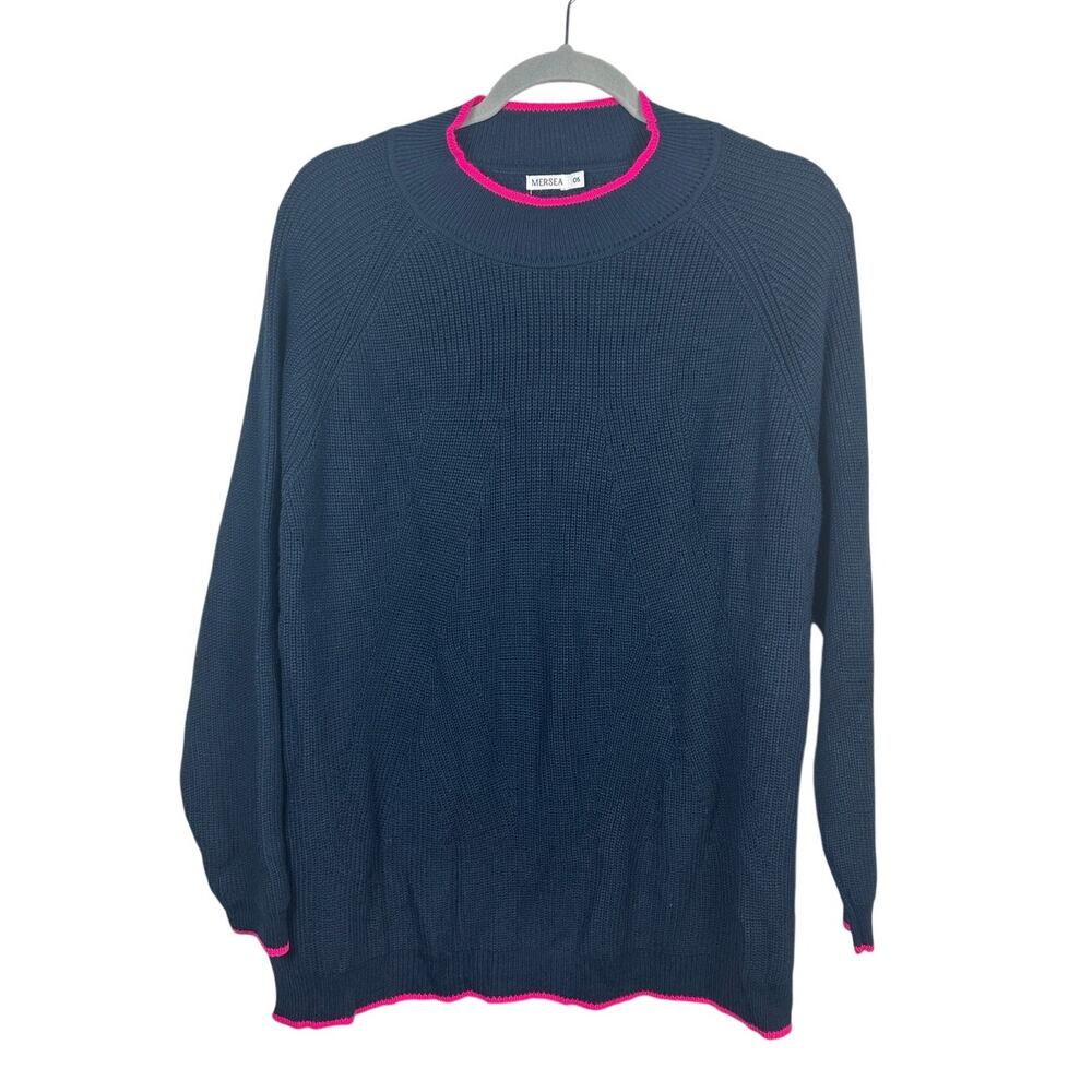 Mersea Knit Tunic Women OS Navy Pink Trim EUC Ribbed Drytex Pullover